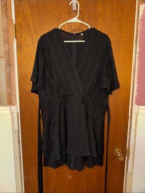 Black V-Neck Tiered Wrap Romper - Women's